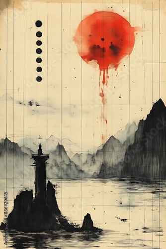 Obraz na płótnie Abstract Seascape with Lighthouse and Bleeding Red Sun w salonie