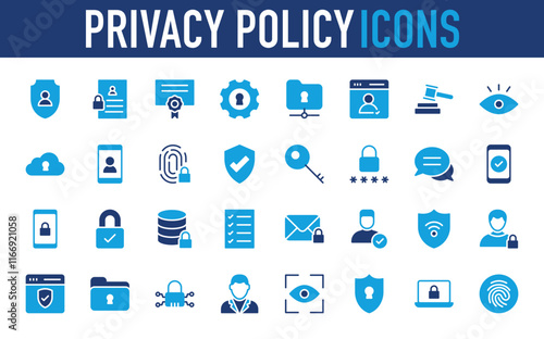 Set of Privacy Policy icon. Security, Lock, Password, Smartphone, Fingerprint, Visualize, Mail Inbox, Login, Bid, Avatar, Security System, Conversation, Laptop, Key, Data Server vector. 