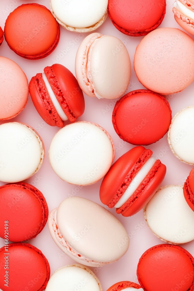 collection of vibrant red macarons filled with white cream, tightly arranged to showcase their smooth texture and bold color for Valentines collection of vibrant red macarons filled with white cream, tightly arranged to showcase their smooth texture and bold color for Valentines
