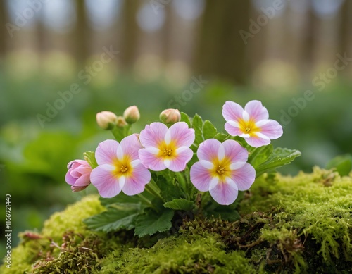 Vibrant Primrose Trio – A Springtime Burst of Color in Nature's Lap photo