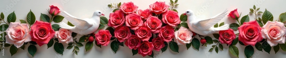 An elegant floral arrangement featuring a heart-shaped rose garland and two doves , garland, bouquet, heart An elegant floral arrangement featuring a heart-shaped rose garland and two doves , garland, bouquet, heart