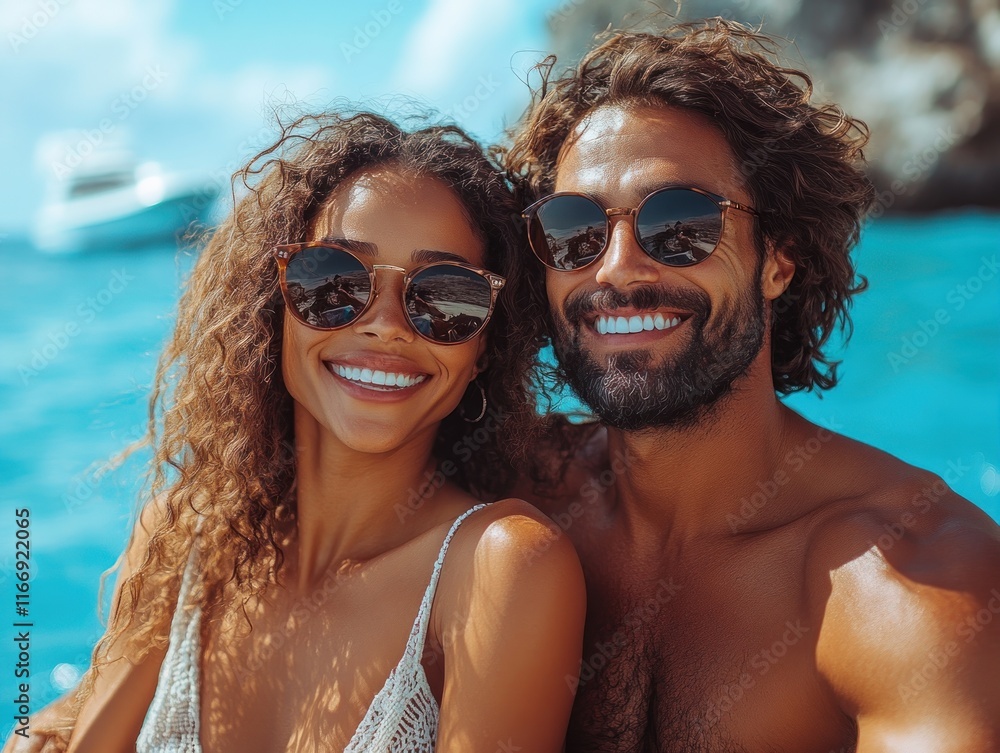 Obraz premium Happy couple enjoying a sunny day on the water.