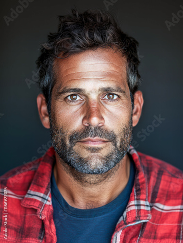 Portrait of a man with a beard wearing a plaid shirt against a dark background, highlighting his strong features and expression.