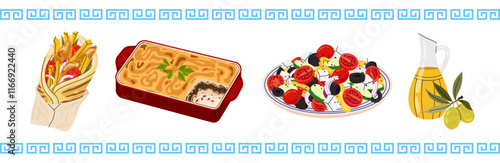 Set of traditional greek food. Greek cuisine. Food illustration for menu. Olive oil, greek salad, moussaka, gyro.