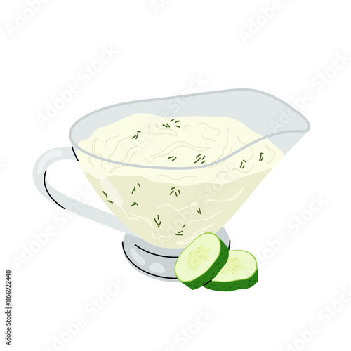 Tzatziki. Traditional Greek sauce. Illustration for a cafe or restaurant menu, banner, sticker.