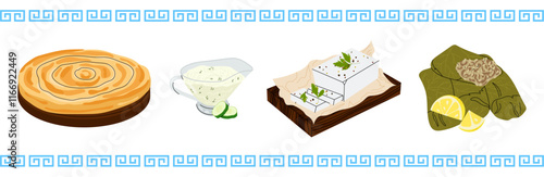 Greek cuisine. Set traditional greek food. Food illustration for menu. Spanakopita, feta cheese, dolma, tzatziki sauce.