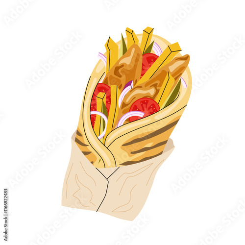 Gyro. Traditional greek food, mediterranean cuisine dish. Pita with vegetables, meat, French fries. Shawarma. Food illustration for menu, banner, food blog.