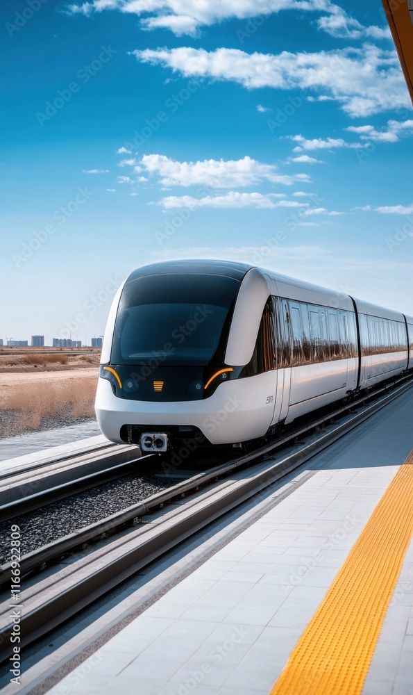 Naklejka premium Modern High-Speed Train Approaching Station with Clear Blue Sky and Urban Background in Daylight Conditions