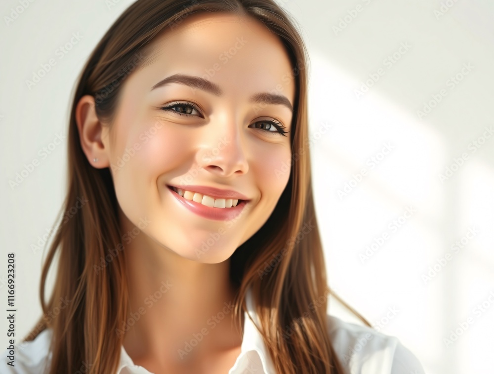 A young woman without makeup with natural white skin smiles happily while basking in natural sunlight indoors on a white background, creating a lively and cheerful atmosphere A young woman without makeup with natural white skin smiles happily while basking in natural sunlight indoors on a white background, creating a lively and cheerful atmosphere