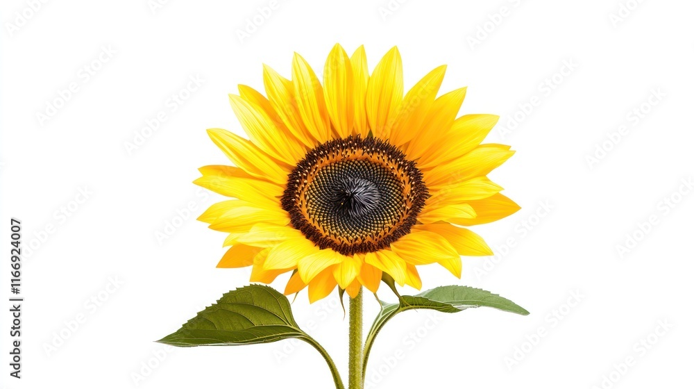 Fototapeta premium A vibrant sunflower with bright yellow petals and green leaves.