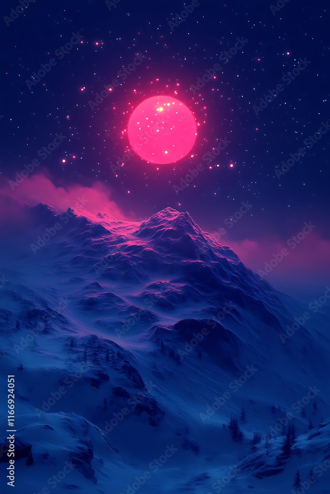 Pink Moon Over Snowy Mountain Range At Night