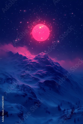 Pink Moon Over Snowy Mountain Range At Night