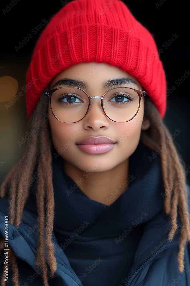 Young Woman Wearing Red Knit Hat and Glasses