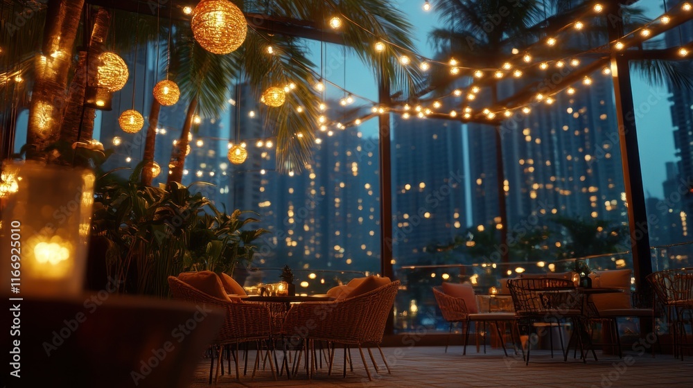 Romantic outdoor patio at night with string lights, lanterns, and city view. Romantic outdoor patio at night with string lights, lanterns, and city view.