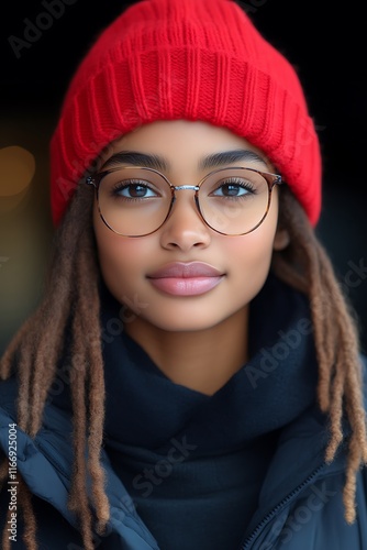 Obraz na płótnie Young Woman Wearing Red Knit Hat and Glasses w salonie