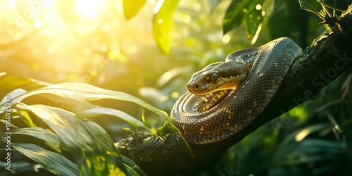 A majestic snake resting on a branch surrounded by lush green foliage. The sunlight filters through the leaves, creating a serene and captivating scene. 