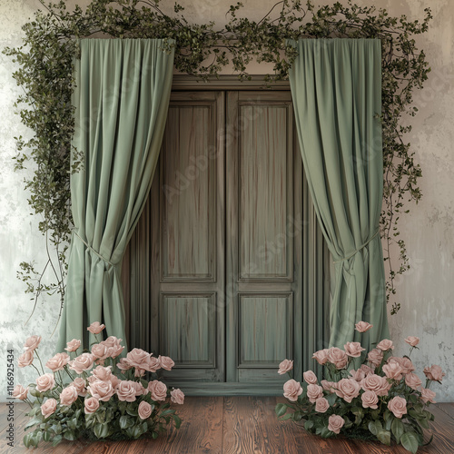 Enchanted Garden Photography Backdrop: Whimsical Garden Setting with Blue and Pink Florals, Lace, and Flowing Curtains for Photoshoots	
