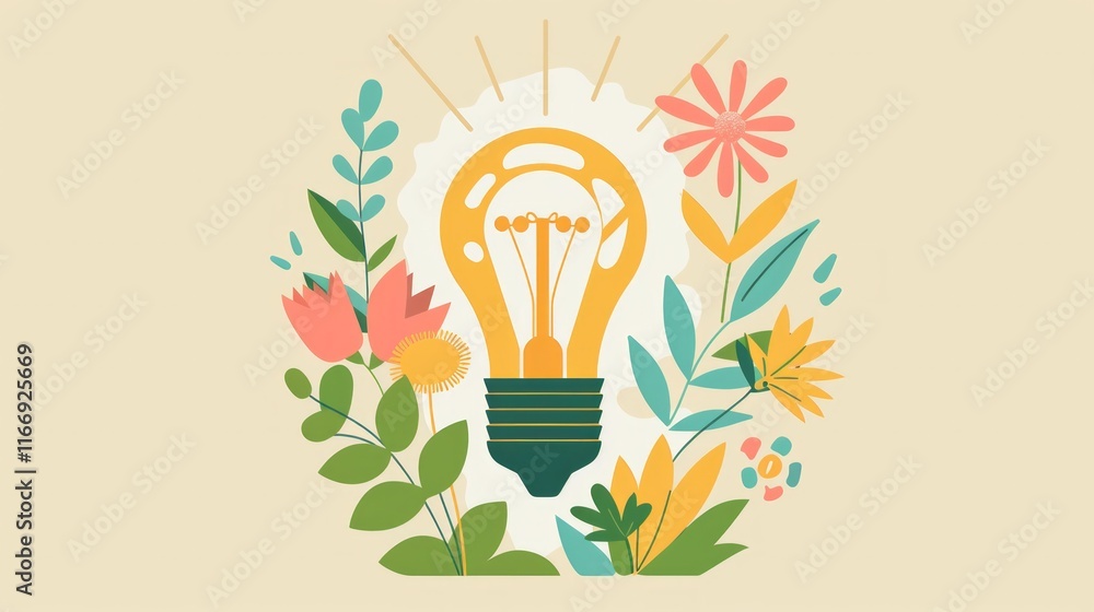 An icon of featuring a light bulb surrounded by various plants and flowers An icon of featuring a light bulb surrounded by various plants and flowers