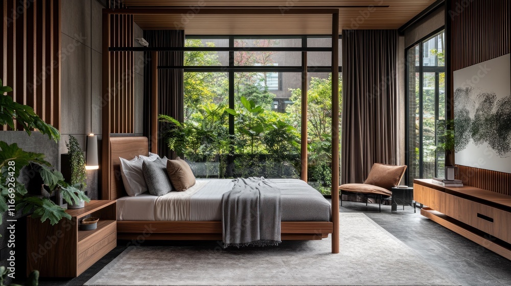 Luxurious modern bedroom with four-poster bed, large windows showing lush greenery, and wooden furniture. Luxurious modern bedroom with four-poster bed, large windows showing lush greenery, and wooden furniture.
