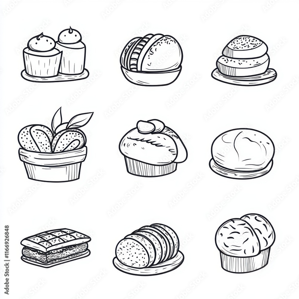 A collection of hand-drawn desserts including cupcakes, macarons, and pastries in black and white. A collection of hand-drawn desserts including cupcakes, macarons, and pastries in black and white.