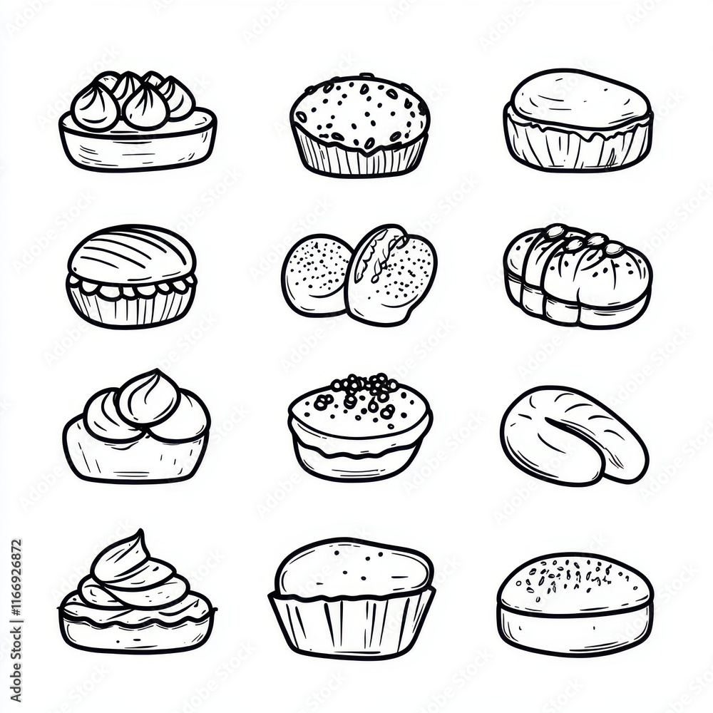 A delightful assortment of hand-drawn baked goods, showcasing various pastries and desserts in a whimsical style. A delightful assortment of hand-drawn baked goods, showcasing various pastries and desserts in a whimsical style.