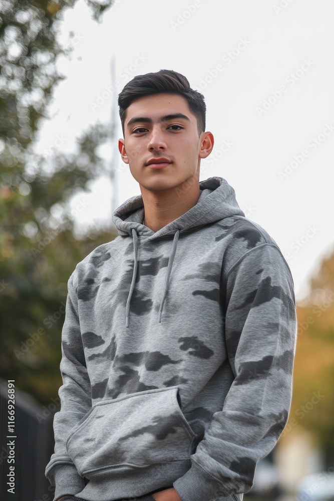 Young Man in Casual Camo Hoodie Posing Outdoors in Natural Light Young Man in Casual Camo Hoodie Posing Outdoors in Natural Light
