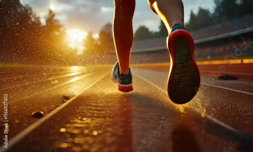 Sunset Sprint: Runner's Feet on Wet Track