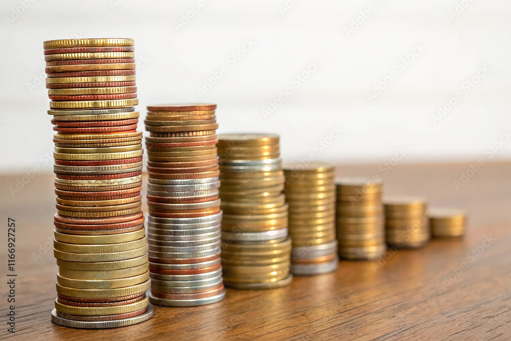 Neatly stacked coins forming ascending towers Neatly stacked coins forming ascending towers