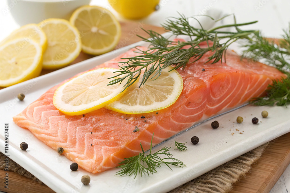 A salmon fillet with lemon wedges and dill copy A salmon fillet with lemon wedges and dill copy