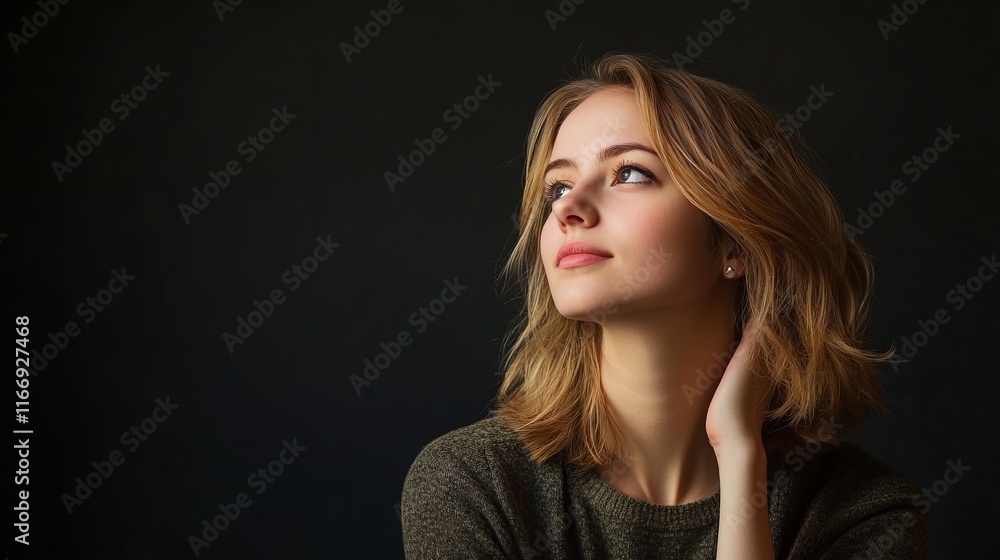 Portrait of a Thoughtful Young Woman in Soft Light Against a Dark Background Portrait of a Thoughtful Young Woman in Soft Light Against a Dark Background