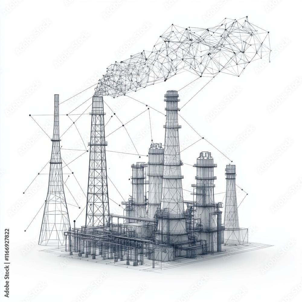 Abstract wireframe illustration of an industrial power plant with smoke emissions.