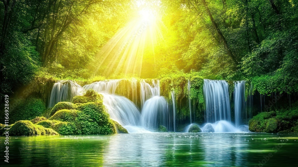 Sunlit waterfall cascading into a serene pool, surrounded by lush green foliage.