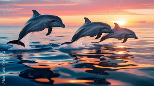 dolphin jumping in water at sunset photo