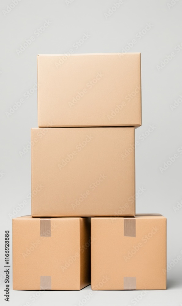 Obraz premium Stacked Kraft Boxes on Light Gray Background for Shipping and Packaging Concepts