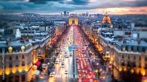 Aerial view of a bustling cityscape at dusk, with glowing streetlights and blurred traffic. urban complexity, unanswered questions,mystery