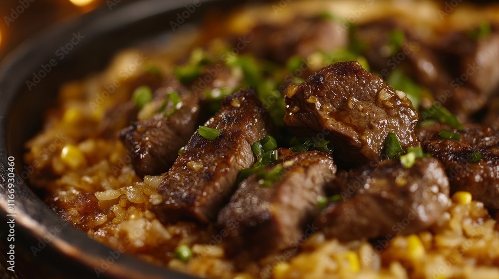 Tender Beef with Fried Rice in Elegant Setting Tender Beef with Fried Rice in Elegant Setting