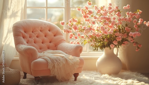 A cozy blushtoned armchair with a vase of cherry blossoms by a window, drenched in soft morning light photo