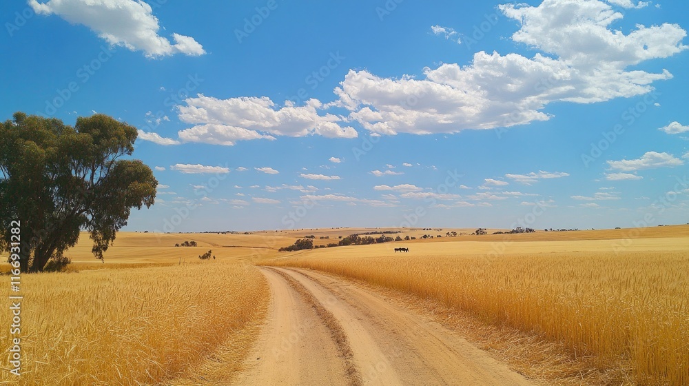 Scenic rural landscape with golden wheat field and blue sky Scenic rural landscape with golden wheat field and blue sky