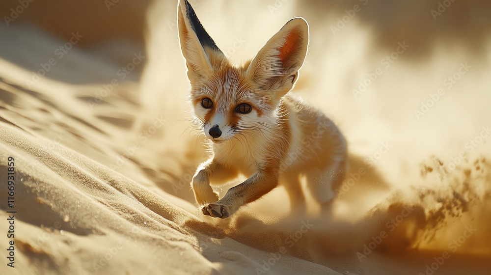 Obraz premium Fennec fox in motion on sandy desert dunes, early morning light, low angle