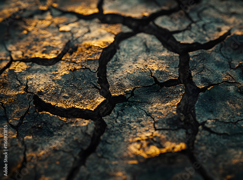 Cracked earth and dried waterbed, highlighting the environmental impact of arid climate on vegetation. photo