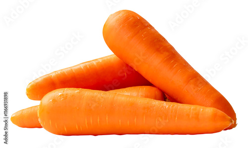 Side view of fresh orange carrots in stack isolated with clipping path in png file format photo