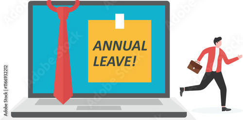 Sticky note with word annual leave on monitor, vacation and holiday concept
