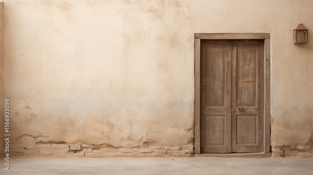 Fototapeta premium Wooden door with peeling paint and weathered texture, space on the left, ambient light, light beige background,generative ai illustration