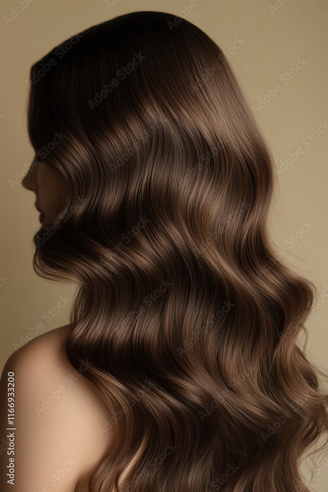 Fototapeta premium Wavy brunette hair, shot from behind, soft studio lighting, neutral beige background, elegant shine