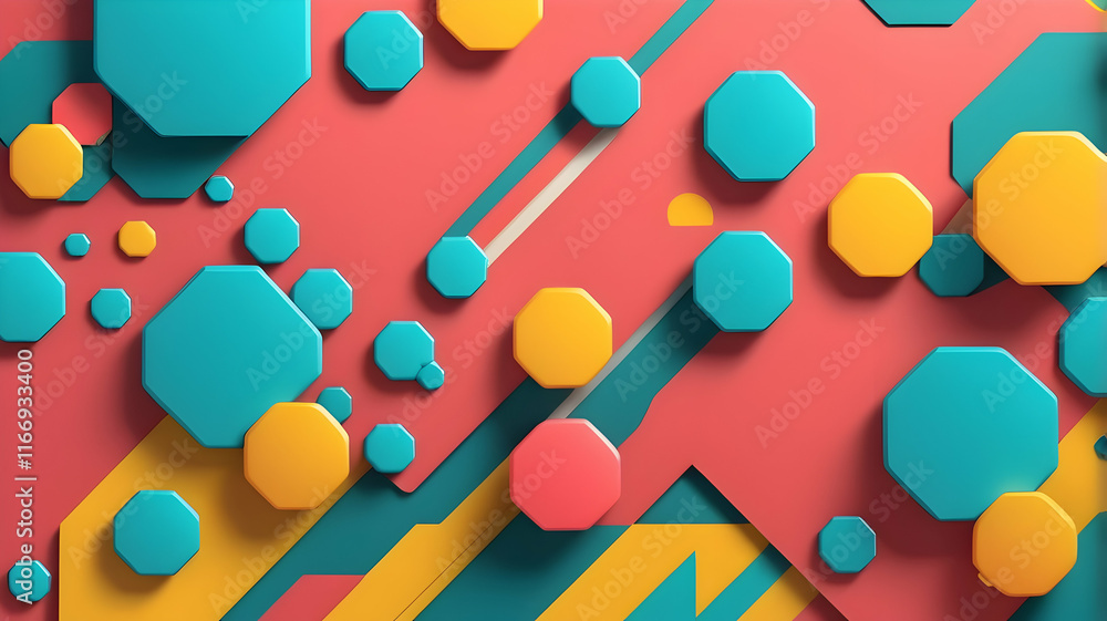 Abstract geometric background with teal, yellow, and red octagons and diagonal lines. Abstract geometric background with teal, yellow, and red octagons and diagonal lines.