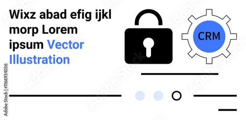 Padlock representing security, gear symbolizing CRM, text elements. Ideal for security, CRM systems, data protection, software solutions, business efficiency, web design, tech branding. Landing page