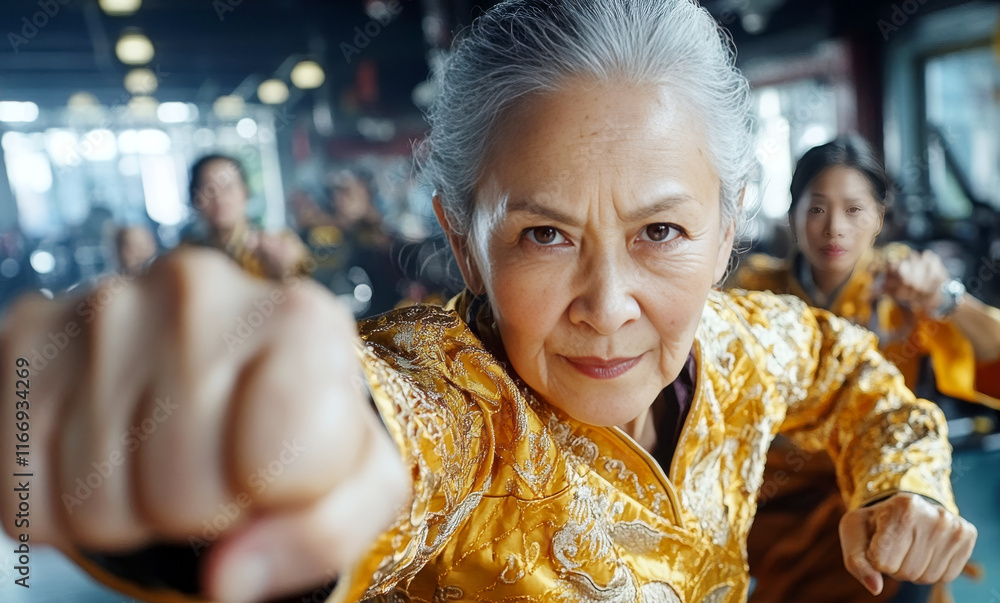 Fototapeta premium Determined elderly woman practicing martial arts in the gym