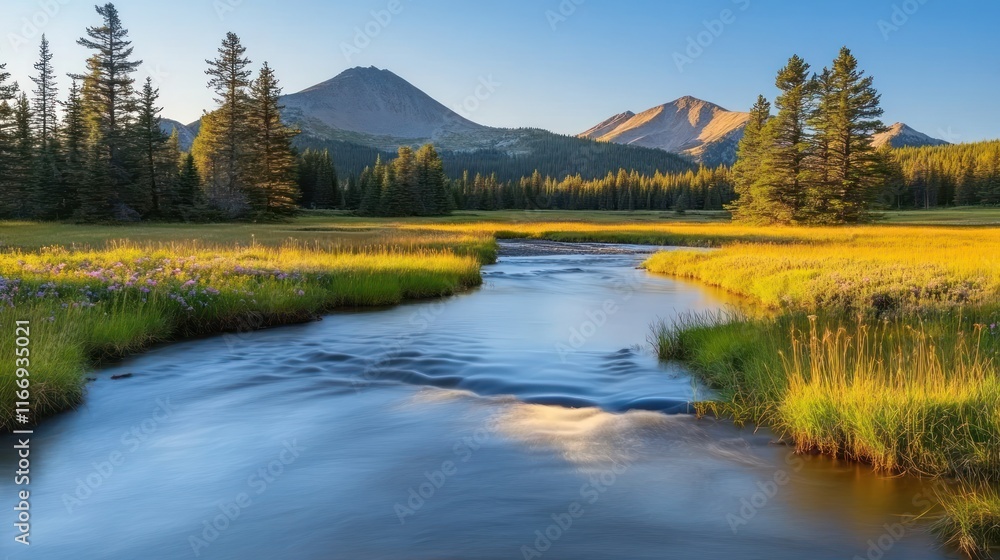Fototapeta premium Serene river flowing through a lush meadow, with majestic mountains in the background under a clear sky at sunset.