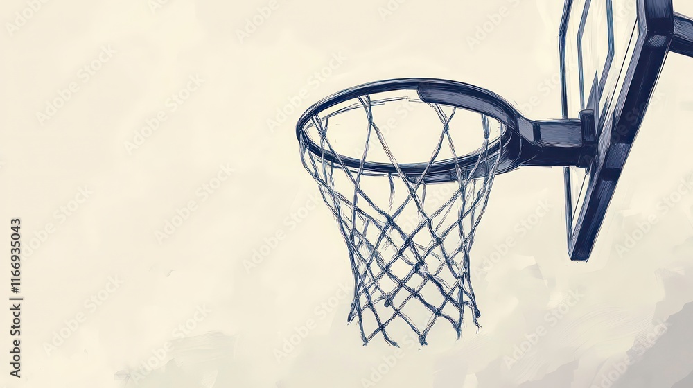A hand-drawn black basketball hoop with a net and a basketball goal on a white background A hand-drawn black basketball hoop with a net and a basketball goal on a white background