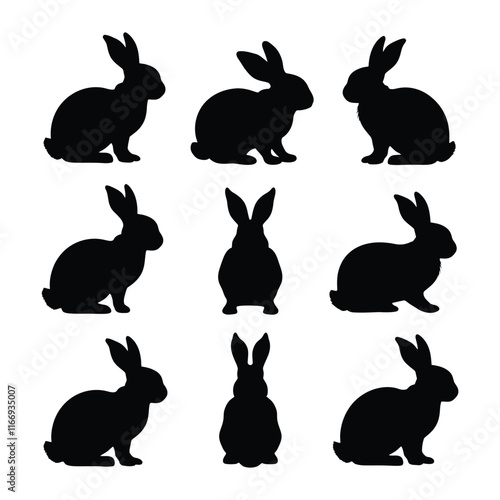 Silhouettes of easter bunnies isolated on a white background. Set of different rabbits silhouettes for design use.